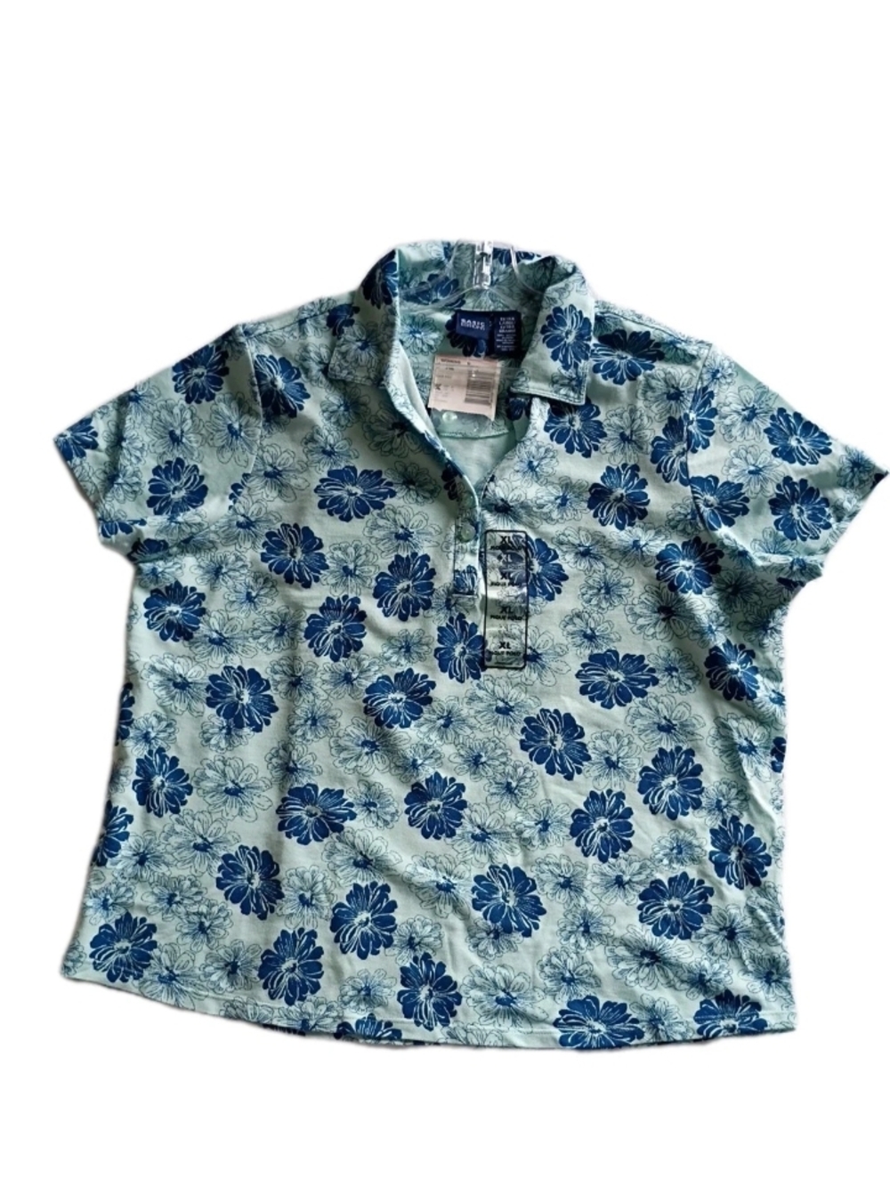 Basic Editions 100% Cotton Mint Polo Shirt Green with Navy Floral Print